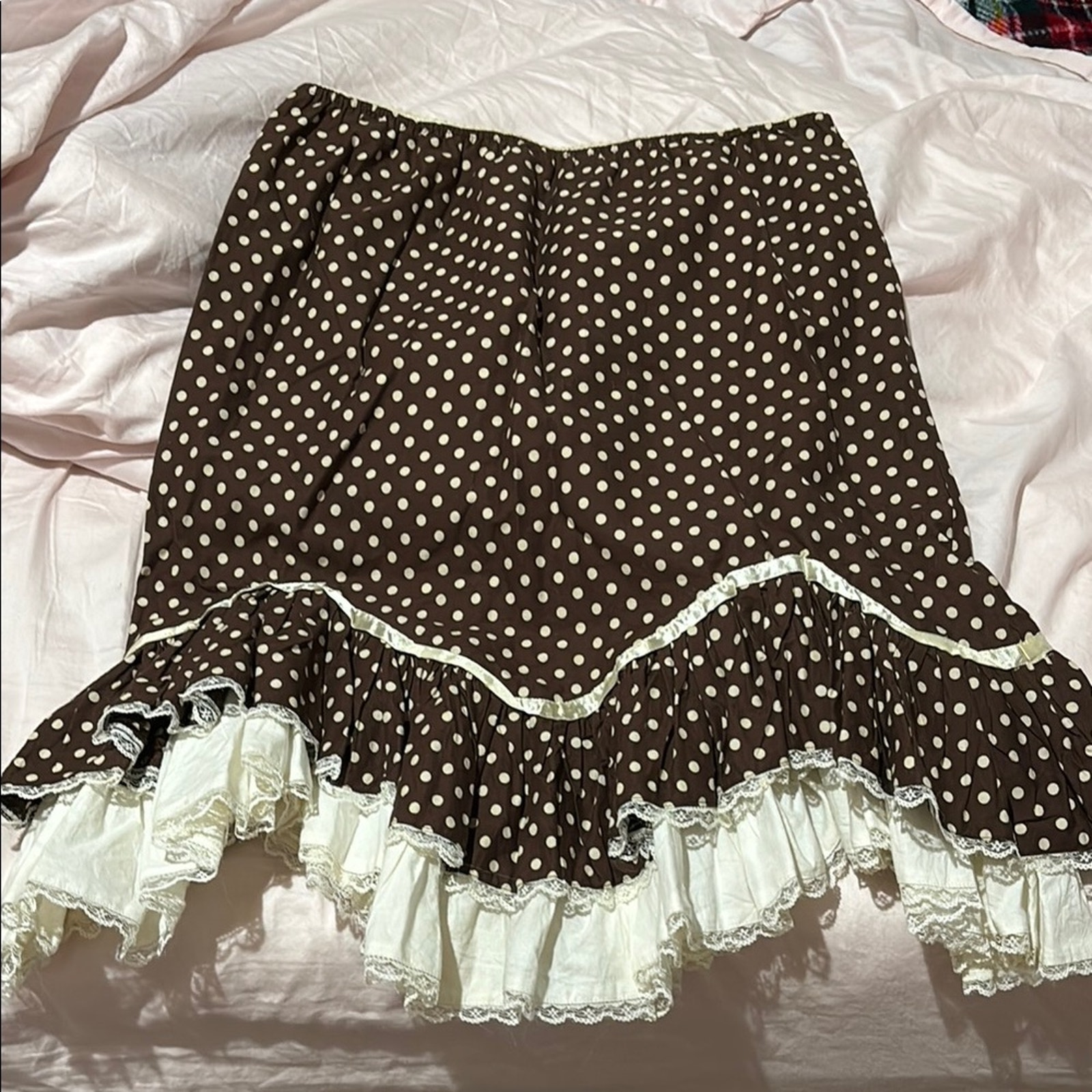 Dimri M Brown Polka Dot Skirt With Cream Ruffle Jagged Ruffle Full Hemline Euc